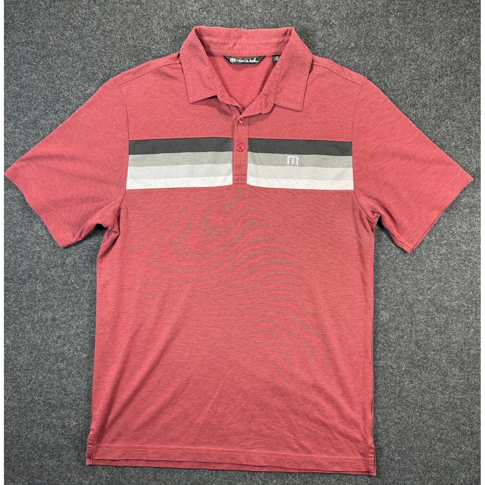 TravisMathew Mens Polo Shirt Medium Red Heathered Chest Stripe Short Sleeve Golf